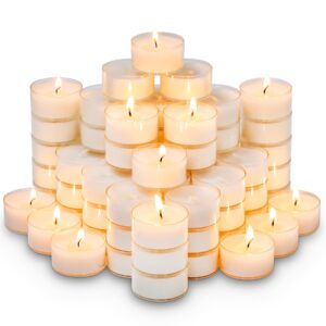 Tealight Candles, Giant 100,200,300 Bulk Packs, 4-4.5 Hrs White Unscented European Smokeless Clear Cup Tea Lights for Shabbat, Weddings, Christmas, Home Decorative- 100 Pack