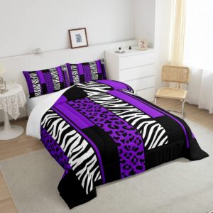 Feelyou Leopard Zebra Comforter Set King Size Kids Cheetah Purple White Black Comforter for Boys Teens Animal Print Bedding Set Safari Duvet Set Geometry Room Decor Quilt Boys