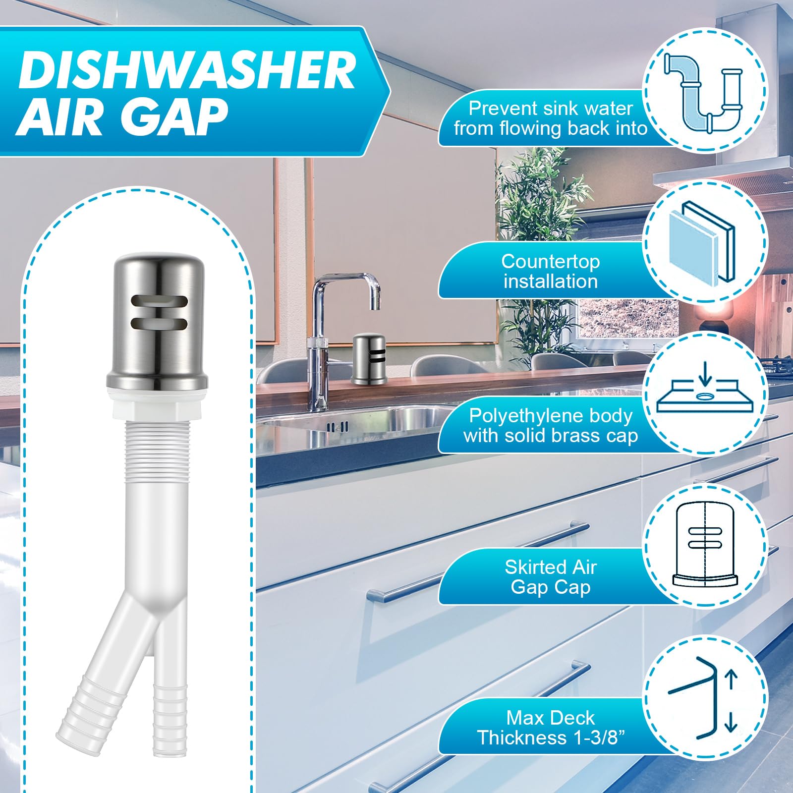 Enhon Dishwasher Air Gap Kit, with Skirted Brass Air Gap Cover and Matching Escutcheon, Dishwasher Air Gap Replacement with Air Gap Cover(Stainless Steel, 1 Set)