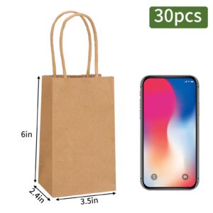 Moretoes 30pcs Small Kraft Paper Bags 6 x 3.5 x 2.4 Inches Mini Gift Bags with Handles Bulk Party Favor Bags Candy Bags