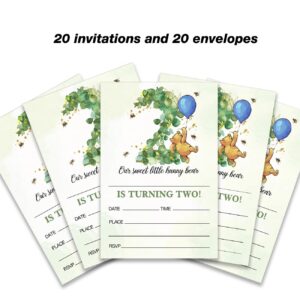 Dolimifa Winnie the Pooh 2nd Birthday Invitations Fill in Style Greenery Winnie the Pooh Blue Balloon Little Hunny Bear Winnie Second Birthday Invites for 2 Year Old, 20 Count With Envelopes