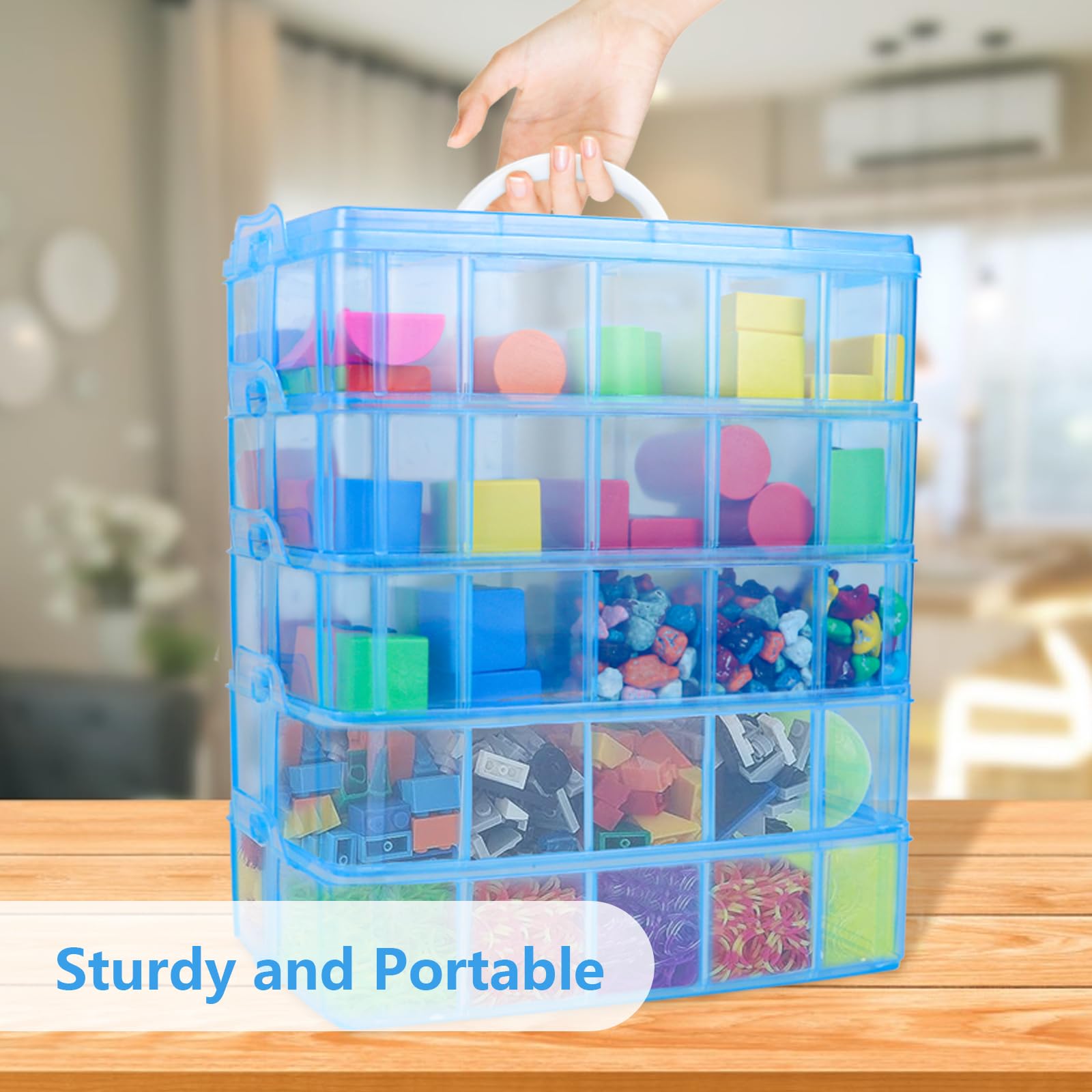 ACXFOND 5-Tier Stackable Storage Container Bead Organizer Box 50 Adjustable Compartments for Arts and Crafts, Toy, Fuse Beads, Washi Tapes, Beauty Supplies, Sewing Storage (Blue)