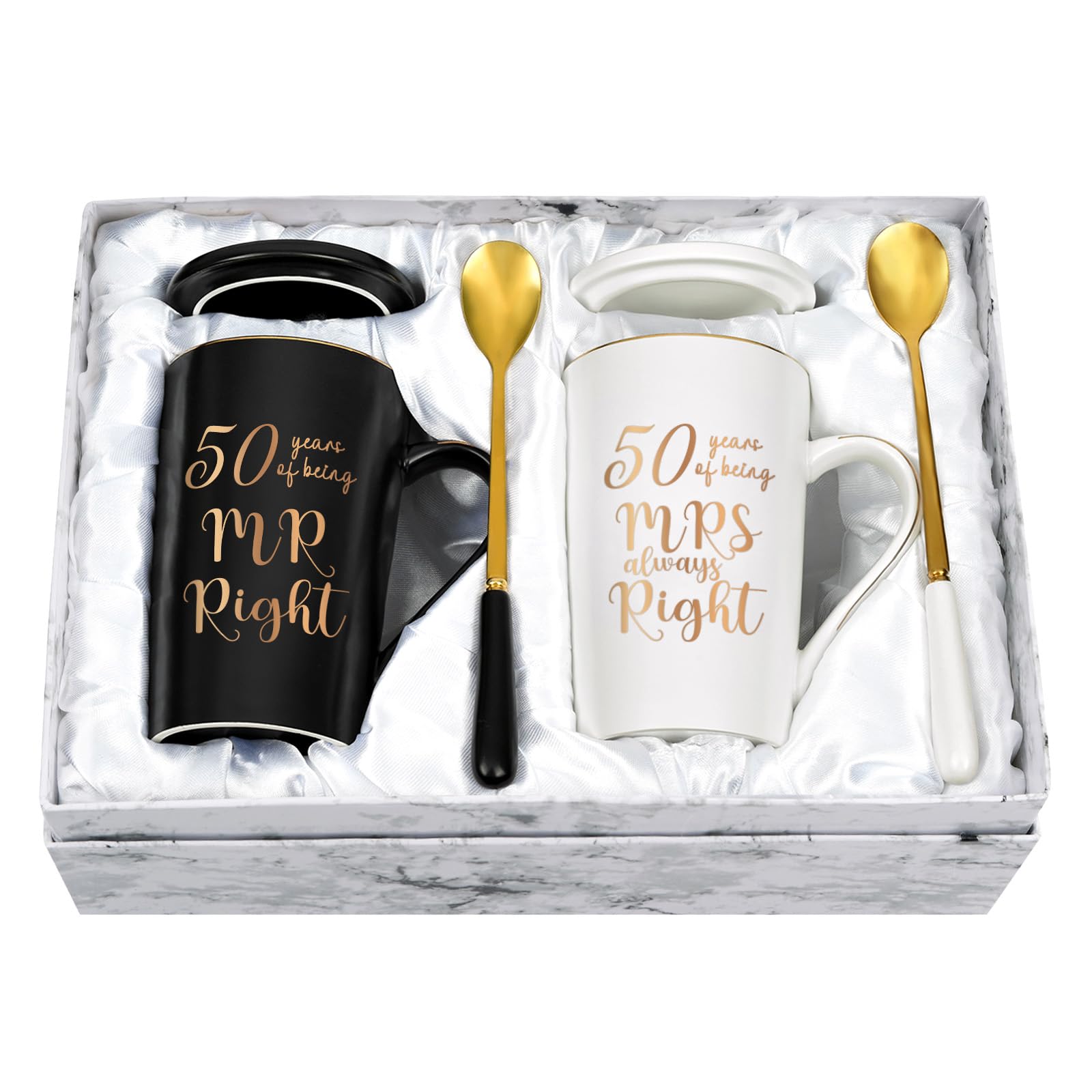 YHRJWN - 50th Wedding Gifts, 50 Years of Being Mr & Mrs Always Right Mug Set, Wedding Gifts Ideas for Parents Couple, 14 Oz with Lids and Gift Box