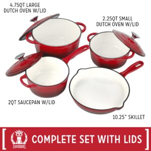 Basque Enameled Cast Iron Cookware Set (Rouge Red), 7-Piece Set, Nonstick, Oversized Handles, Oven Safe; 10.25" Skillet, 2QT Saucepan, 2.25QT Small Dutch Oven, 4.75QT Large Dutch Oven