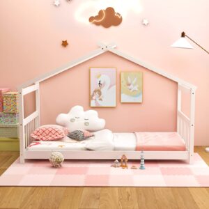 Giantex House Bed Twin, Solid Wood Kids House Bed with Roof, Headboard and Footboard, Low Floor Twin Bed Frame for Toddlers Teens Girls Boys, No Box Spring Needed, White