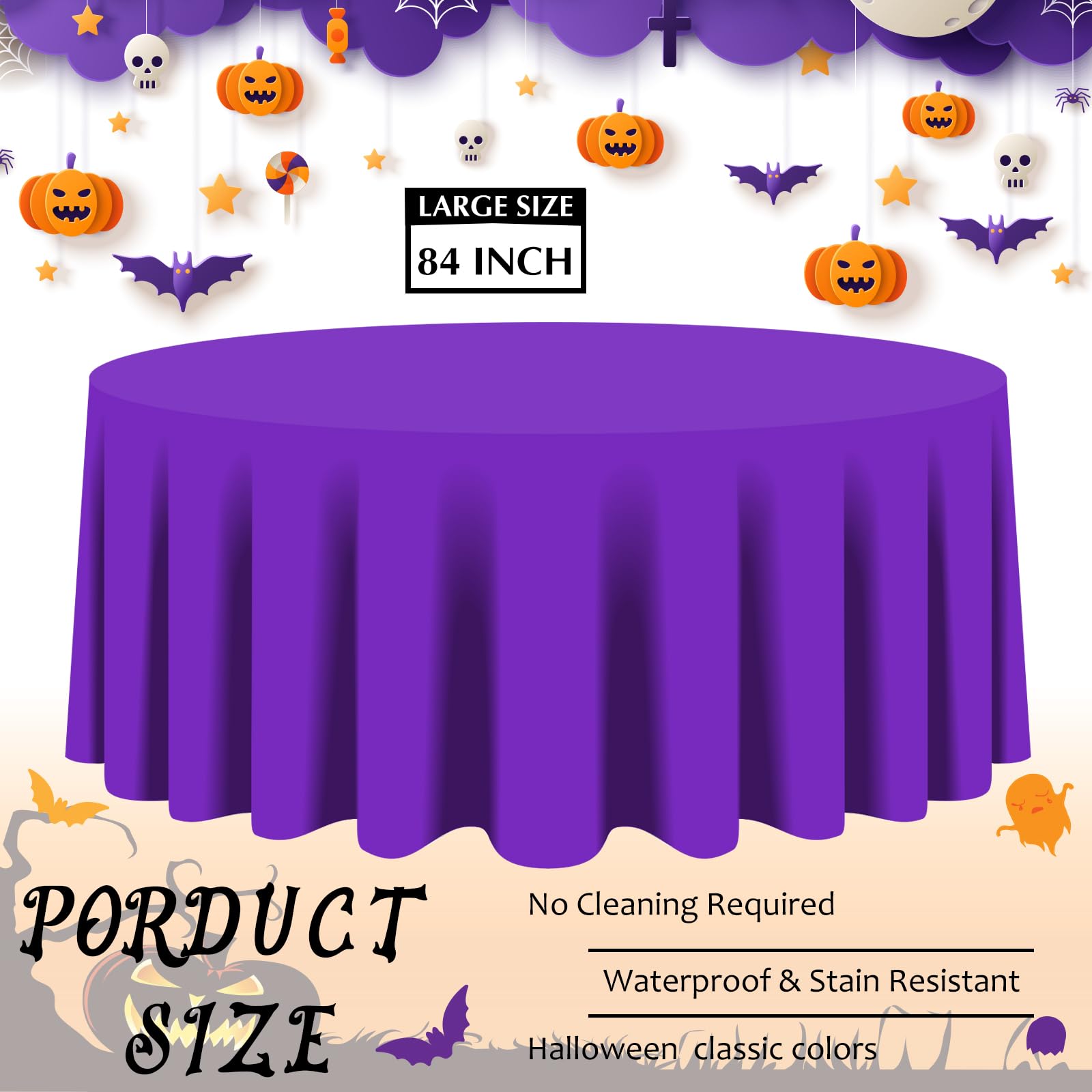 Amylove 12 Pcs 84 Inch Plastic Halloween Tablecloth Round Waterproof Disposable Orange Purple Table Cloth Tabletop Halloween Decorative Table Cover for Halloween Parties Decorations