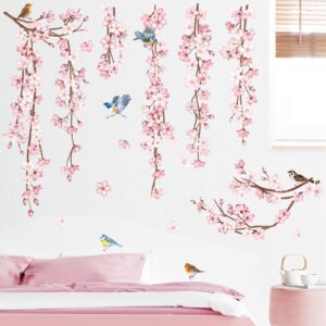 decalmile Cherry Blossom Flower Vine Wall Decals Hanging Floral Tree Branch Birds Wall Stickers Living Room Bedroom Office Wall Decor