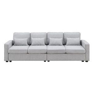 Bellemave Upholstered Sofa Couch with Armrest Pockets and 4 Pillows, 4-Seater Modern Linen Fabric Sofa Minimalist Style Couches for Living Room, Apartment, Office (Light Grey)