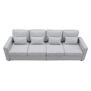 Bellemave Upholstered Sofa Couch with Armrest Pockets and 4 Pillows, 4-Seater Modern Linen Fabric Sofa Minimalist Style Couches for Living Room, Apartment, Office (Light Grey)