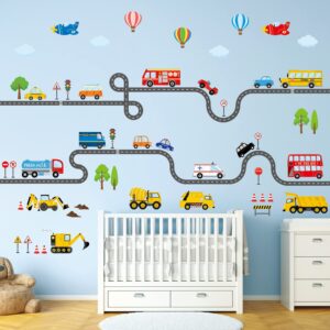 decowall sg3-2308 transports and road wall stickers decals kids peel and stick removable for nursery bedroom living room décor construction car truck tractor boys playroom…