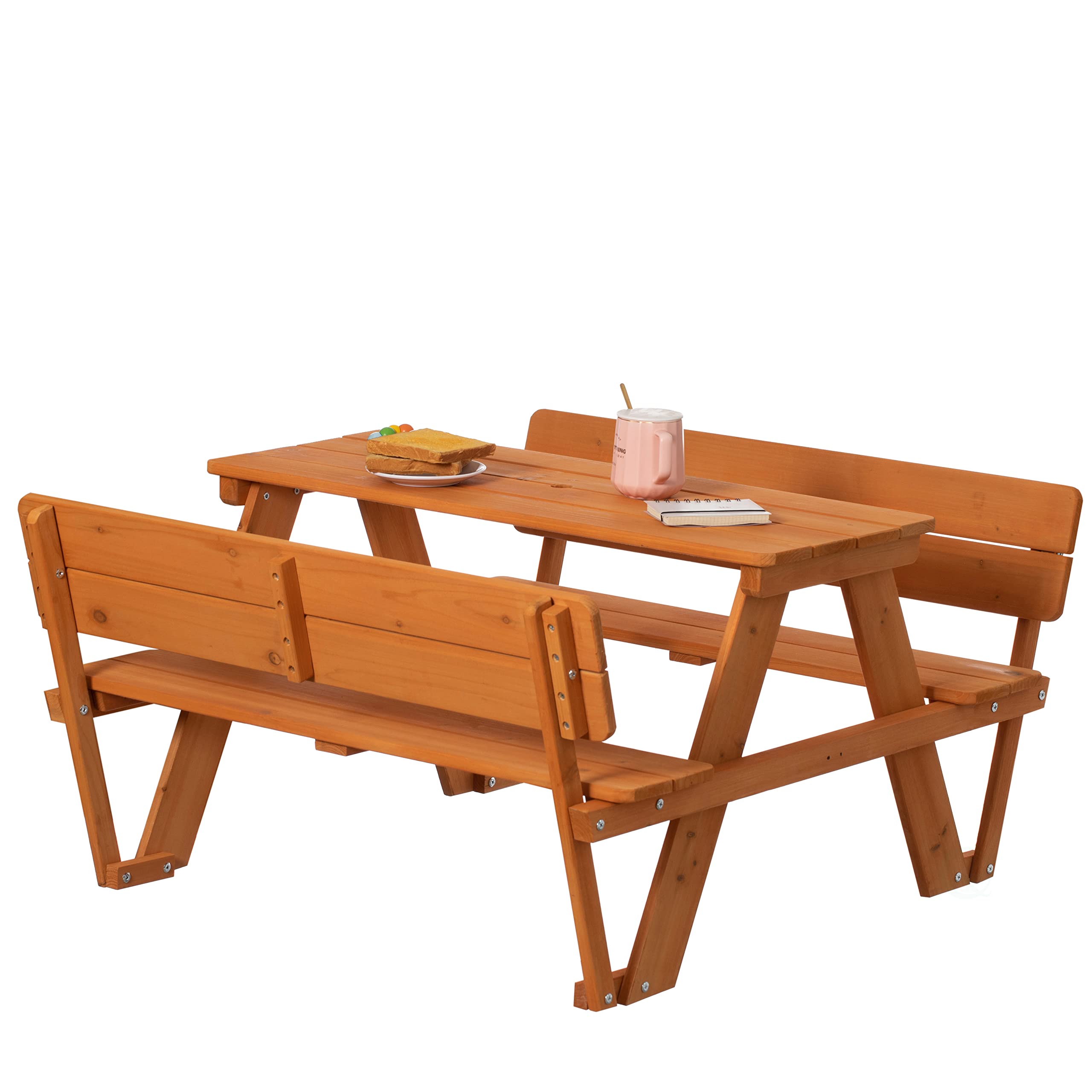 Gardenised Wooden Kids Picnic Bench with Backrest, Outdoor Children's Backyard, Crafting, Dining, and Playtime Patio Table, Stained