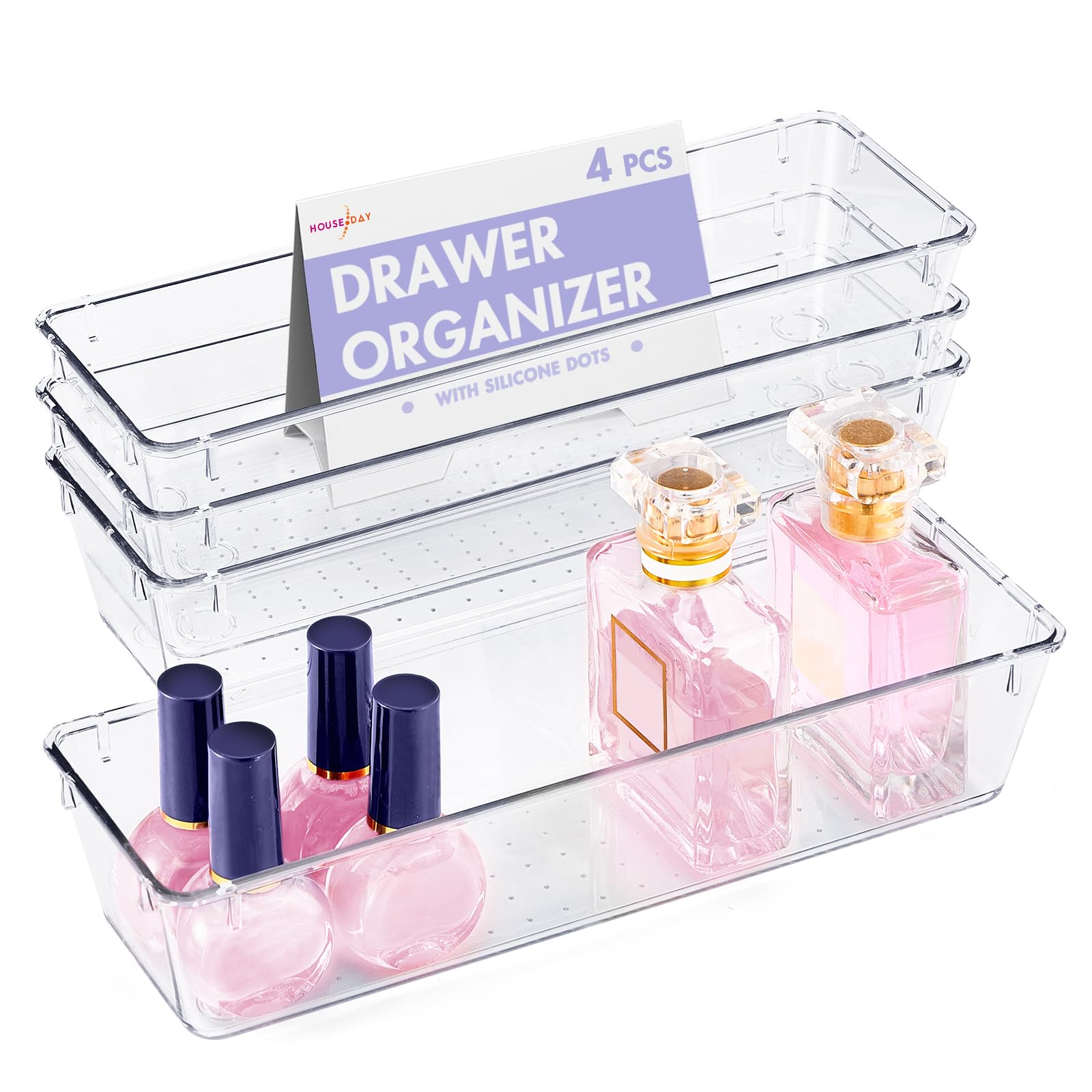 HOUSE DAY Desk Drawer Organizer Bins 4 PCS, 9*3*2" Clear Drawer Organizers with Silicone Pads, Vanity Organizers and Storage, Non Slip Plastic Drawer Organizer for Makeup, Bathroom, Kitchen, Office