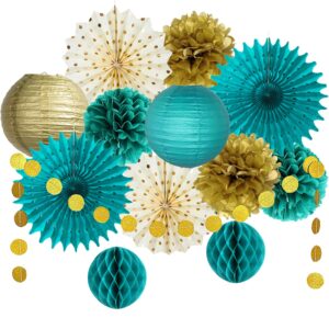 teal blue and gold party decoration tissue pom poms flowers teal paper fans lanterns gold circle dot garland for teal gold wedding bridal shower engagement women birthday turquoise party decorations