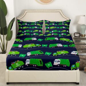 Garbage Trucks Fitted Sheet Twin Size Kids Cartoon Car Bedding Set for Boys Teens Rubbish Car Bed Sheet Set Breathable Vehicles Blue Green Bed Cover Room Decor