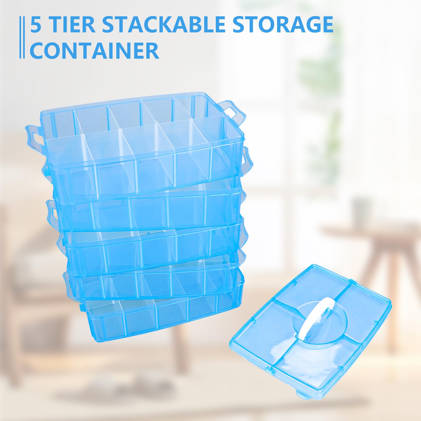 ACXFOND 5-Tier Stackable Storage Container Bead Organizer Box 50 Adjustable Compartments for Arts and Crafts, Toy, Fuse Beads, Washi Tapes, Beauty Supplies, Sewing Storage (Blue)