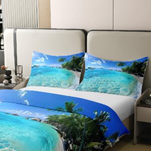 Ocean 100% Cotton Duvet Cover Queen, Palm Leaves Printd Comforter Cover, Summer Beach Decor Hawaiian Vacation Style Bedding Set, Green Palm Trees Tropical Nature Sea Theme Quilt Cover 3Pcs