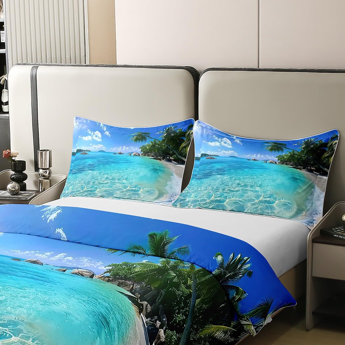 Ocean 100% Cotton Duvet Cover Queen, Palm Leaves Printd Comforter Cover, Summer Beach Decor Hawaiian Vacation Style Bedding Set, Green Palm Trees Tropical Nature Sea Theme Quilt Cover 3Pcs