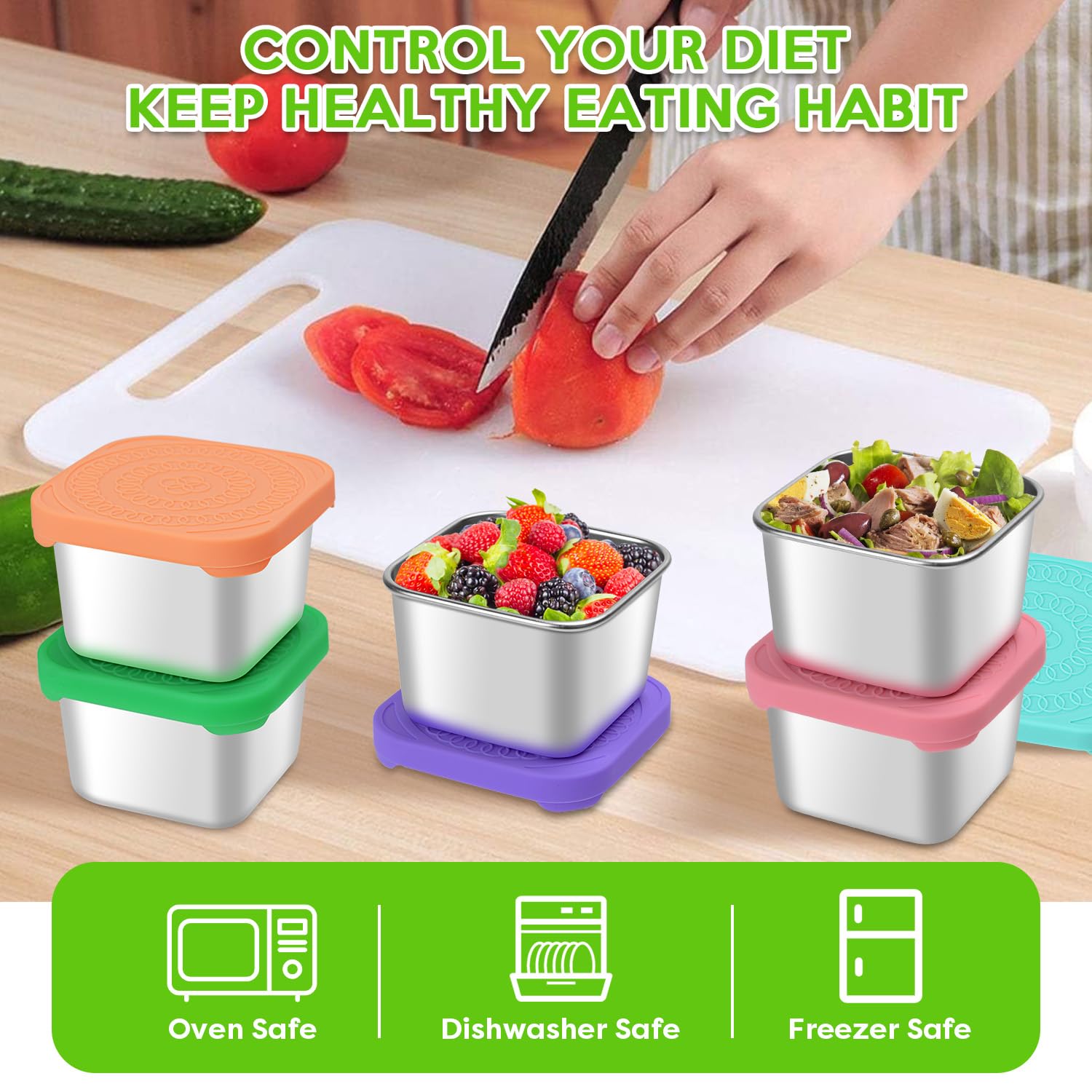 5Pack 6oz Stainless Steel Snack Containers, Small Metal Food Storage Container with Silicone Lids, Leakproof Bento Snack Container for Office, Travel