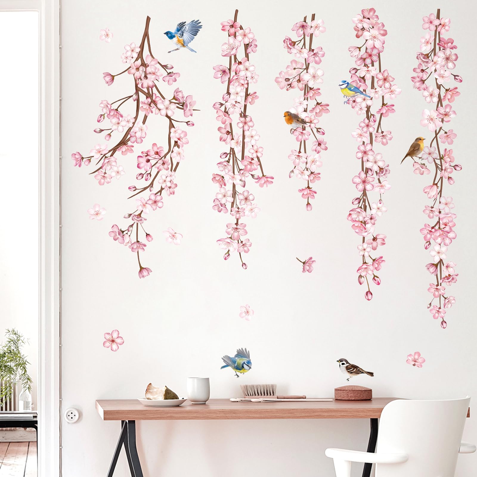 decalmile Cherry Blossom Flower Vine Wall Decals Hanging Floral Tree Branch Birds Wall Stickers Living Room Bedroom Office Wall Decor