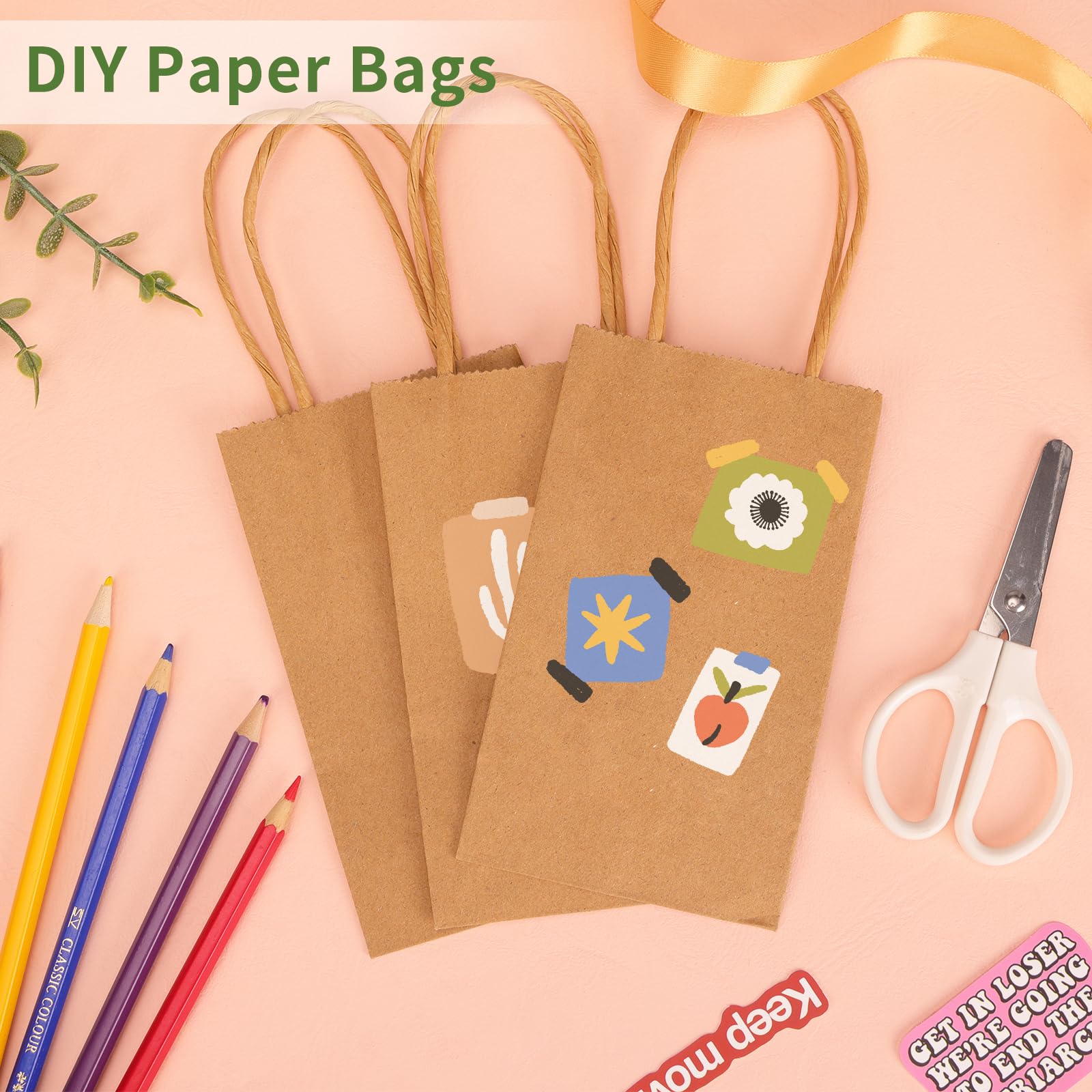 Moretoes 30pcs Small Kraft Paper Bags 6 x 3.5 x 2.4 Inches Mini Gift Bags with Handles Bulk Party Favor Bags Candy Bags