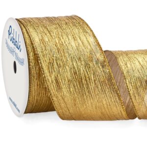 ribbli gold crinkled wired ribbon with metallic gold edge, iridescent gold christmas ribbon for garland, wreaths,topper bow,swags, christmas tree decoration 2-1/2 inch x 10 yard