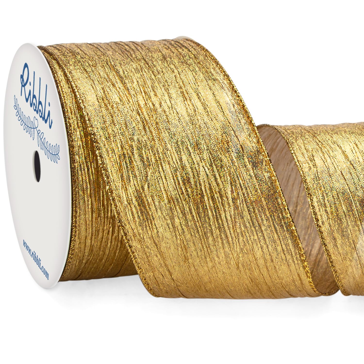 Ribbli Gold Crinkled Wired Ribbon with Metallic Gold Edge, Iridescent Gold Christmas Ribbon for Garland, Wreaths,Topper Bow,Swags, Christmas Tree Decoration 2-1/2 Inch x 10 Yard