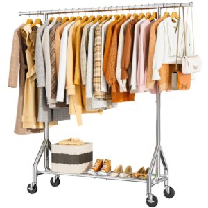 hyseyy heavy duty clothes rack load 450 lbs, metal garment rack, standing rolling clothing rack for hanging clothes with sturdy wheels & shelves, portable closet wardrobe rack,sliver