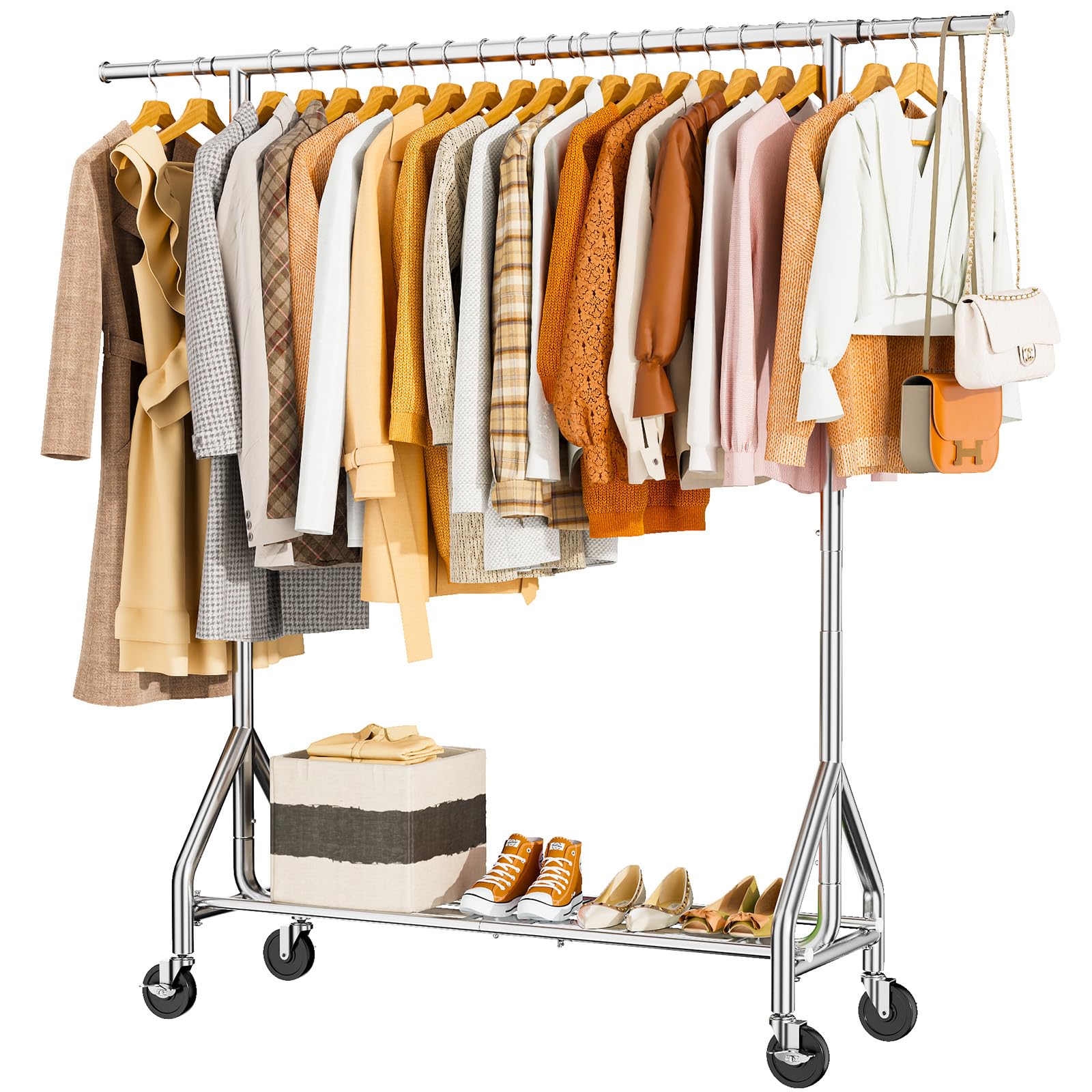 HYSEYY Heavy Duty Clothes Rack Load 450 LBS, Metal Garment Rack, Standing Rolling Clothing Rack for Hanging Clothes with Sturdy Wheels & Shelves, Portable Closet Wardrobe Rack,Sliver