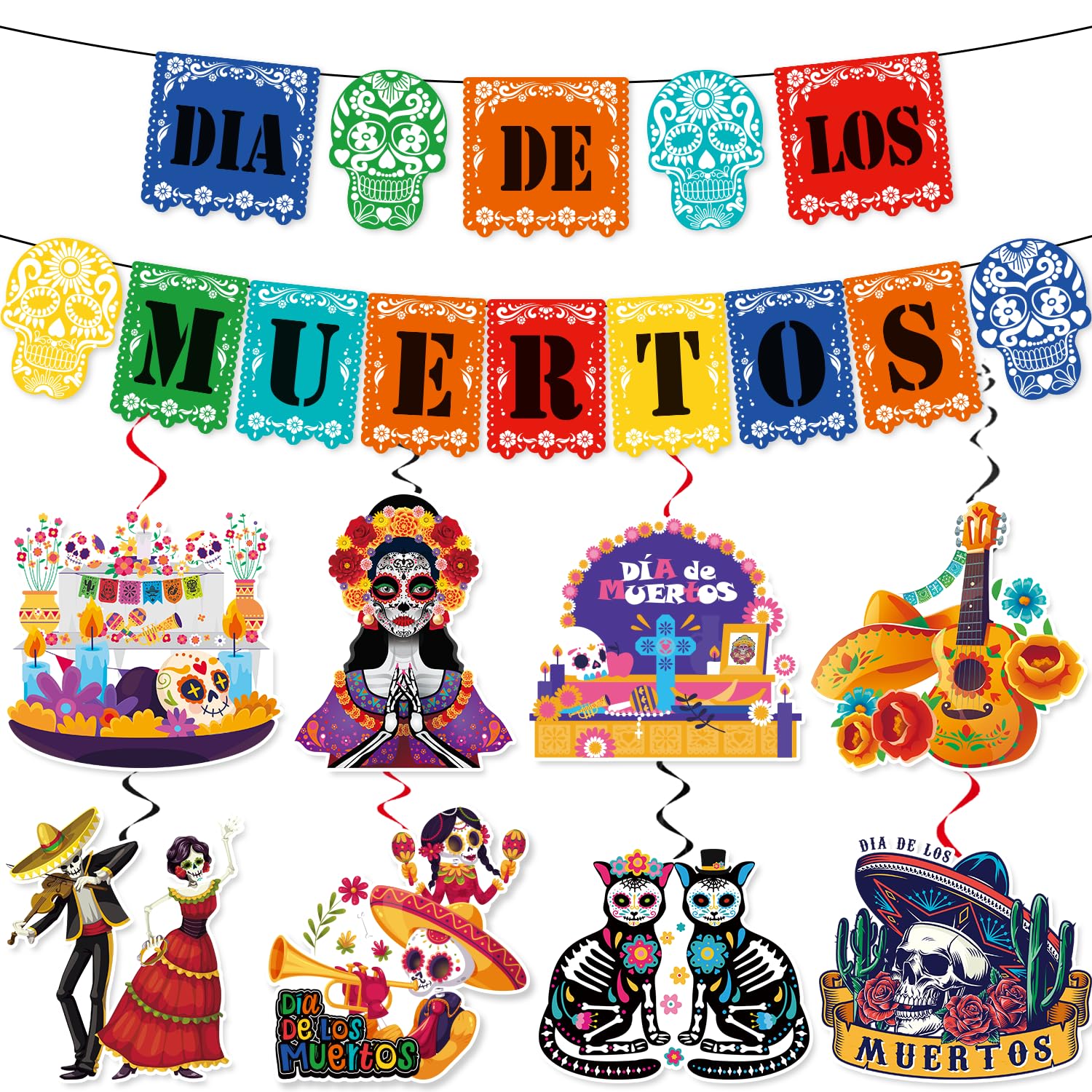 Yingoto Dia De Los Muertos Decorations Day of the Dead Decorations includes 1pcs Dia De Los Muertos Banner and 8pcs Dia De Los Muertos Altar Hanging Swirls for Day of The Dead Ofrenda Decorations