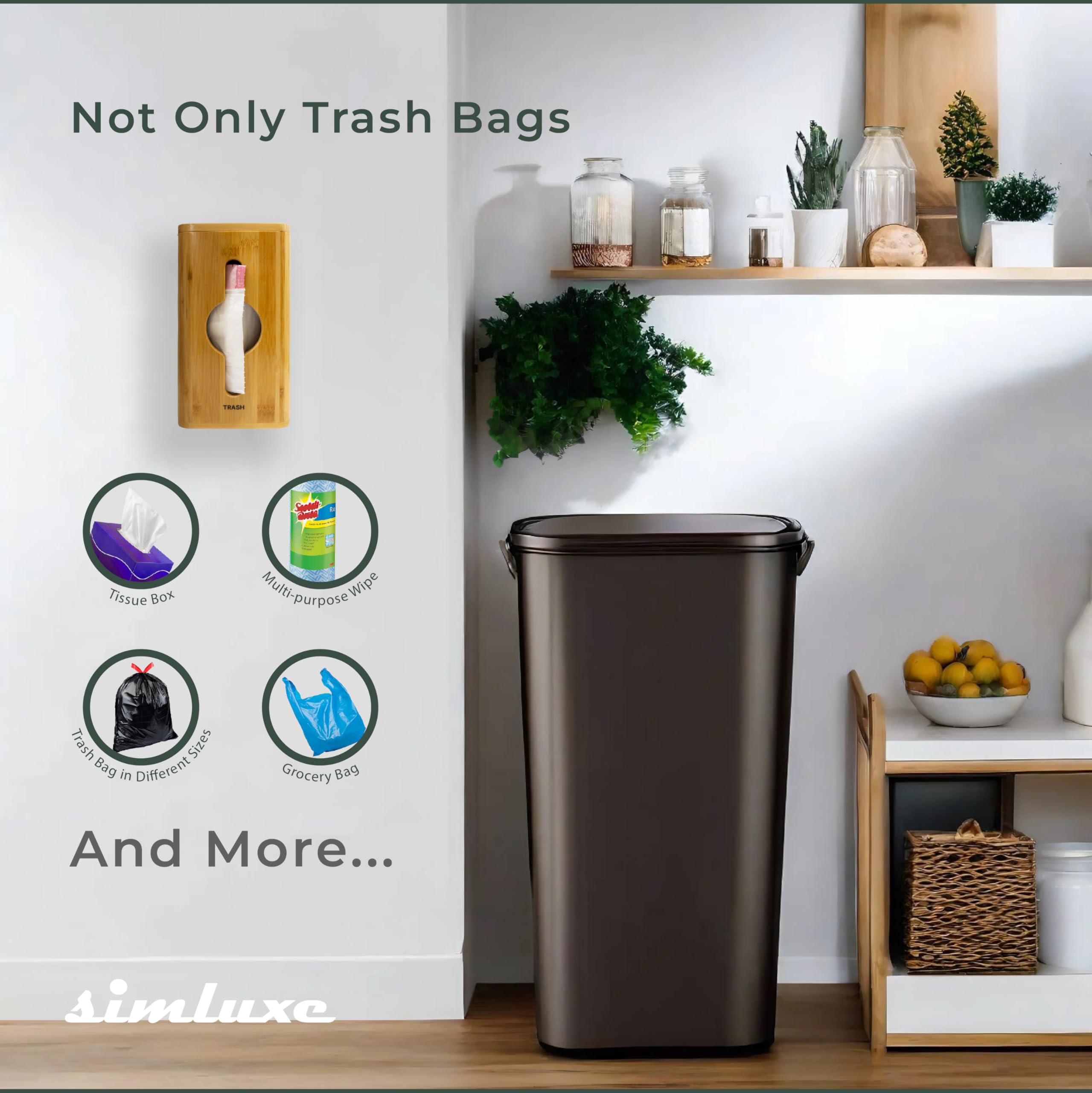 Simluxe Trash Bag Dispenser – Trash Bag Holder Dispenser for Garbage Bag Roll, Under Sink Waste Bin Bags Organizer, Wall Mounted Storage for Small Spaces, Bamboo Decorative Container