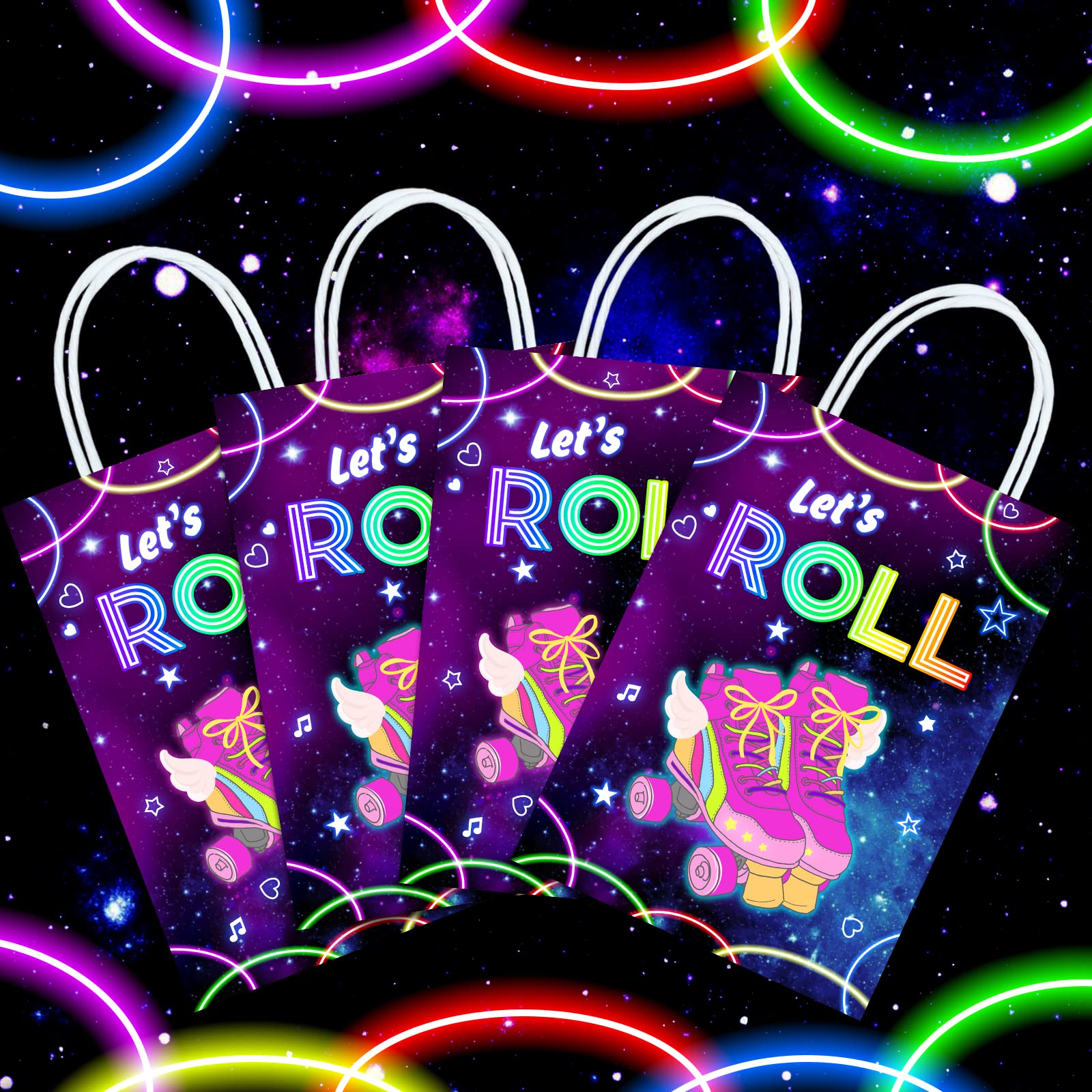 16 Pieces Roller Skates Goody Bags for Roller Skating Birthday Party Supplies,Rollerskate Gift Snacks Treat Candy Party Favors Bags with Handles for Kids Adults Roller Skating Theme Party Decorations