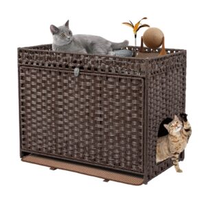 doveaid cat litter box enclosure furniture hidden, pet house litter box furniture for large cats, handwoven rattan with door cat washroom box, indoor cat house storage with soft litter mat, brown