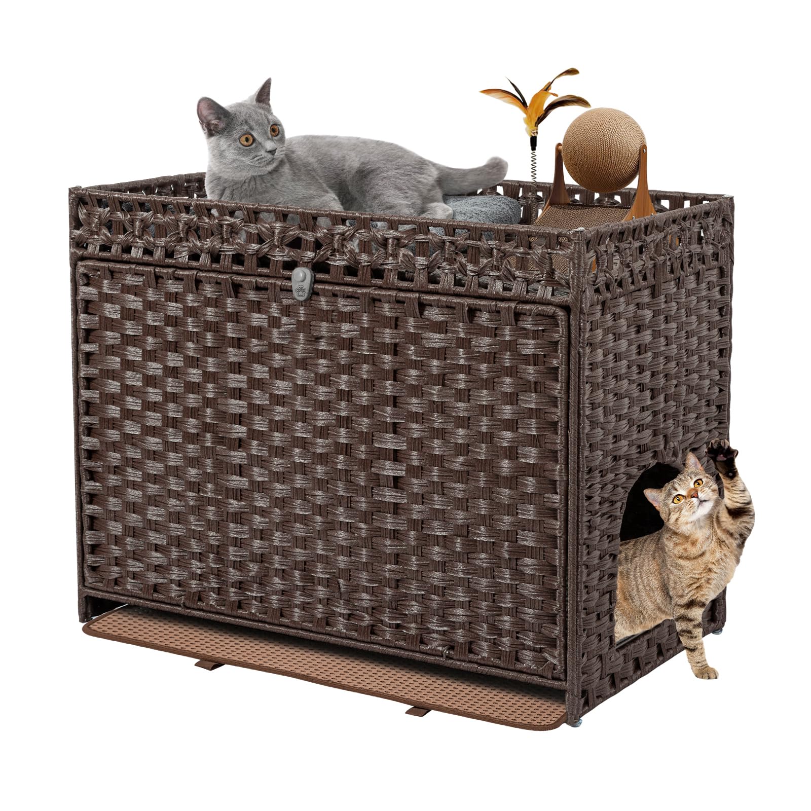 DOVEAID Cat Litter Box Enclosure Furniture Hidden, Pet House Litter Box Furniture for Large Cats, Handwoven Rattan with Door Cat Washroom Box, Indoor Cat House Storage with Soft Litter Mat, Brown