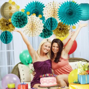 Teal Blue and Gold Party Decoration Tissue Pom Poms Flowers Teal Paper Fans Lanterns Gold Circle Dot Garland for Teal Gold Wedding Bridal Shower Engagement Women Birthday Turquoise Party Decorations