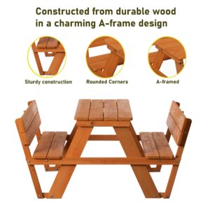 Gardenised Wooden Kids Picnic Bench with Backrest, Outdoor Children's Backyard, Crafting, Dining, and Playtime Patio Table, Stained