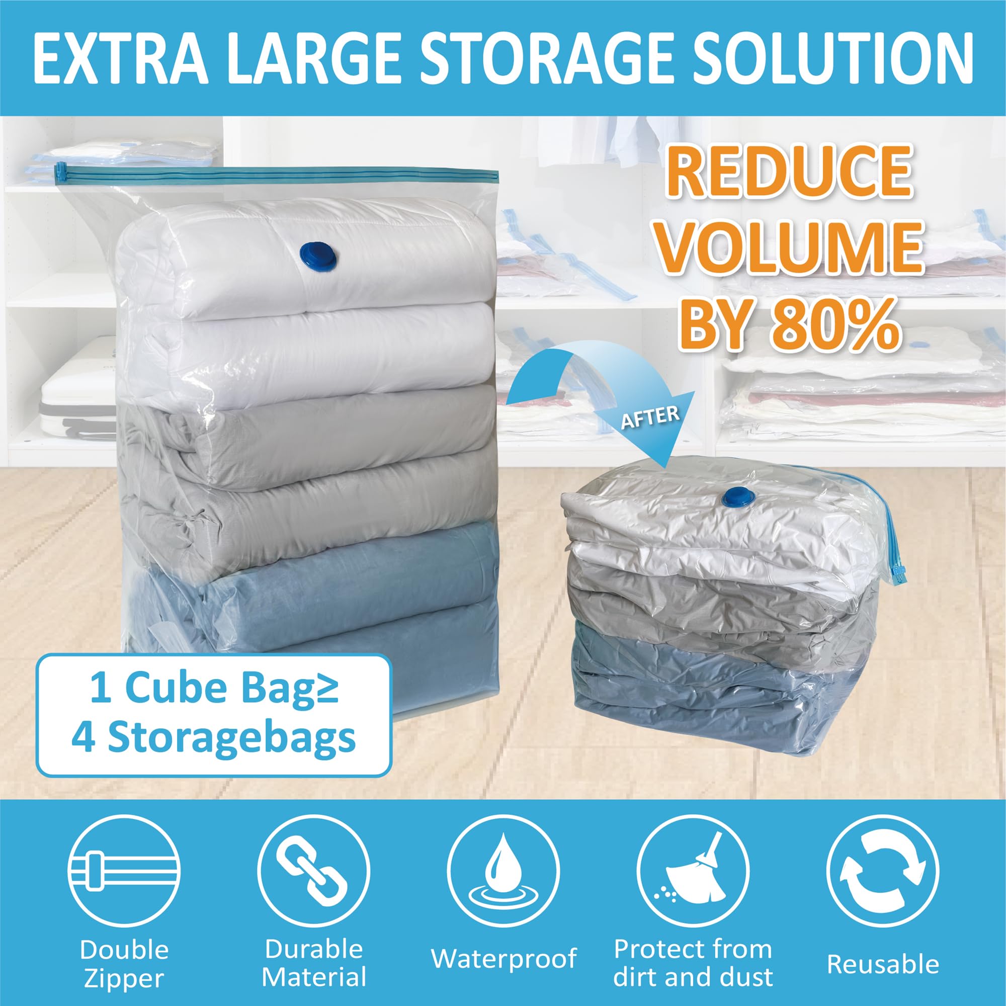 3 Pack Cube Vacuum Storage Bags, Jumbo Vacuum Cubes for Storage Vacuum Sealed, Extra Large Space Saver Vacuum Storage Bags for Bedding, Clothes, Comforters, Blanket, Duvets