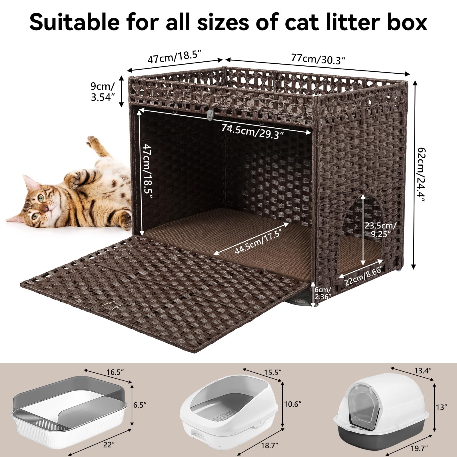 DOVEAID Cat Litter Box Enclosure Furniture Hidden, Pet House Litter Box Furniture for Large Cats, Handwoven Rattan with Door Cat Washroom Box, Indoor Cat House Storage with Soft Litter Mat, Brown