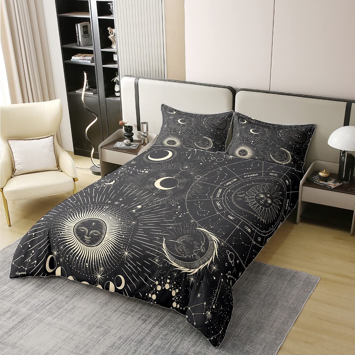 Erosebridal 100% Cotton Bohemian Sun Moon Comforter Cover Constellation Duvet Cover Starry Sky Bedding Set Exotic Style Black Room Decorative Quilt Cover 1 Duvet Cover with 1 Pillow Sham Full Size