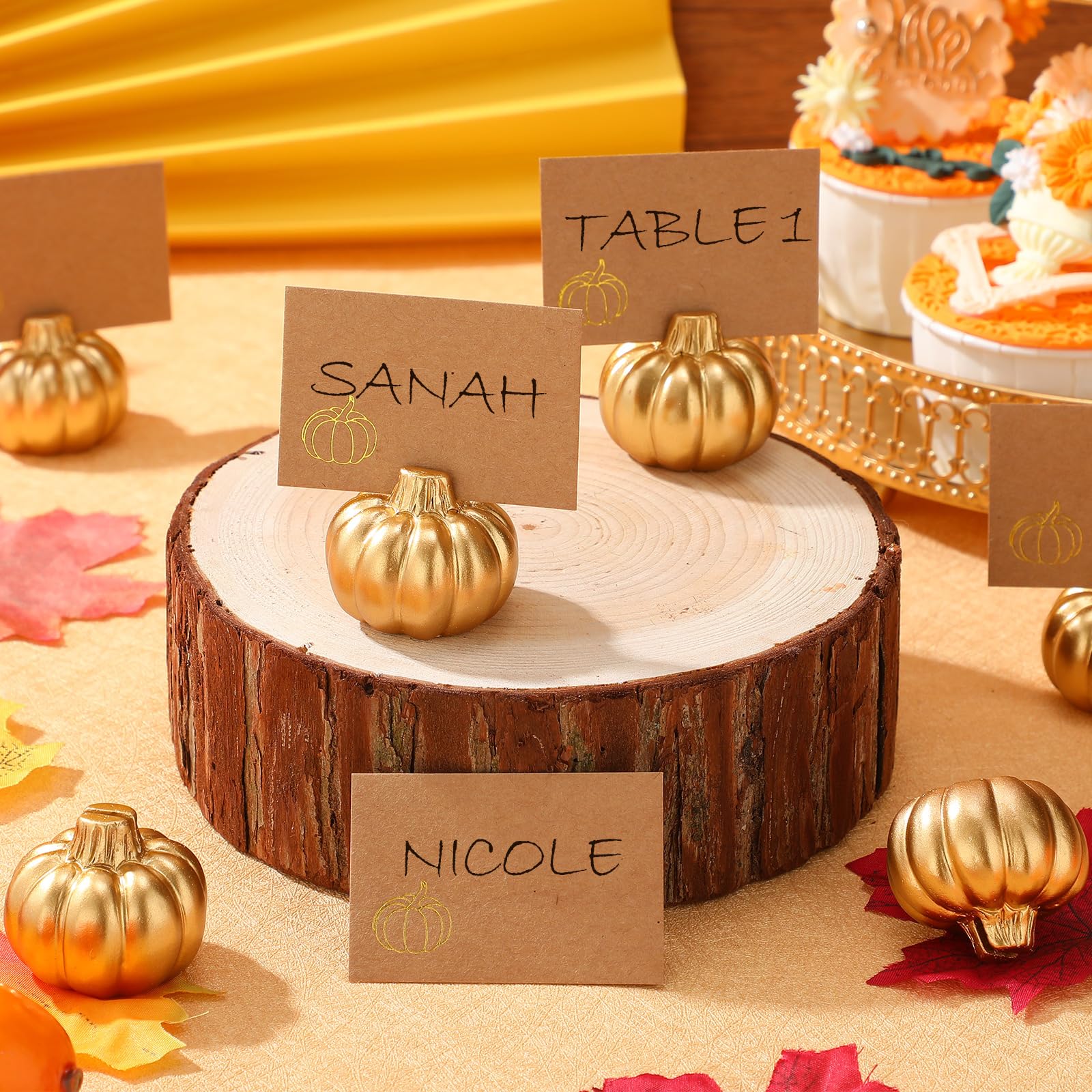 Yaomiao 16 Pcs Thanksgiving Table Decor Fall Card Holder Pumpkin Place Card Holder Mini Table Number Photo Holders for Fall Wedding Decorations Thanksgiving Halloween Bridal Party(Gold)