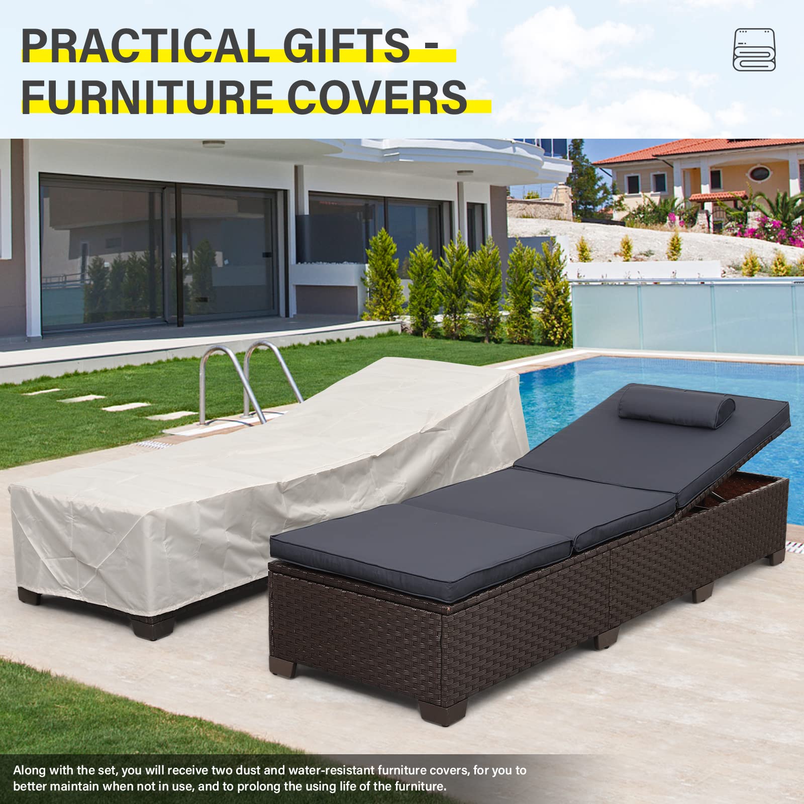 Outdoor PE Wicker Chaise Lounge Set, Patio Lounge Chairs, Outside Pool Lounger Furniture Set of 2, Brown Rattan Recliners with Adjustable Backrest, and Navy Blue Cushions