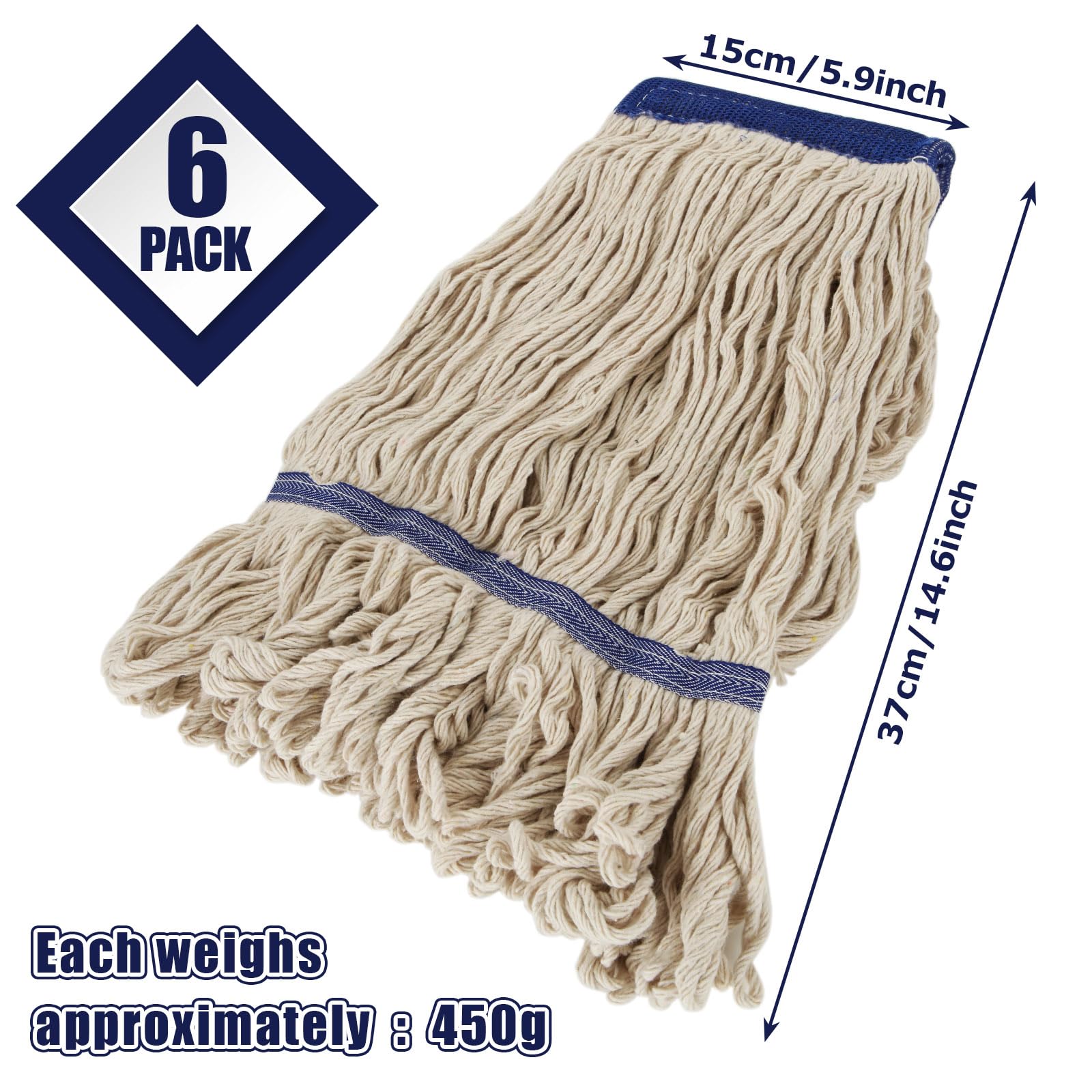 6Pcs Commercial String Mop Head, Loop-End Mop Head Replacement, Heavy Duty Mop Head Refills, 6 Inch Headband, Cotton Looped End Wet Cleaning Mop Refill for Home, Industrial and Commercial Use