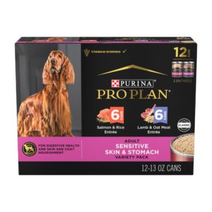 purina pro plan sensitive skin and stomach dog food pate salmon and rice and lamb and oat meal wet dog food variety pack - (pack of 12) 13 oz. cans