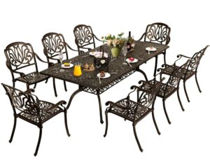 titimo 9-piece cast aluminum patio furniture set, outdoor dining set bistro conversation set, all-weather rectangular dining set with umbrella hole(8 flower pattern chairs without cushions)