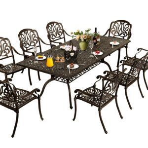 TITIMO 9-Piece Cast Aluminum Patio Furniture Set, Outdoor Dining Set Bistro Conversation Set, All-Weather Rectangular Dining Set with Umbrella Hole(8 Flower Pattern Chairs Without Cushions)