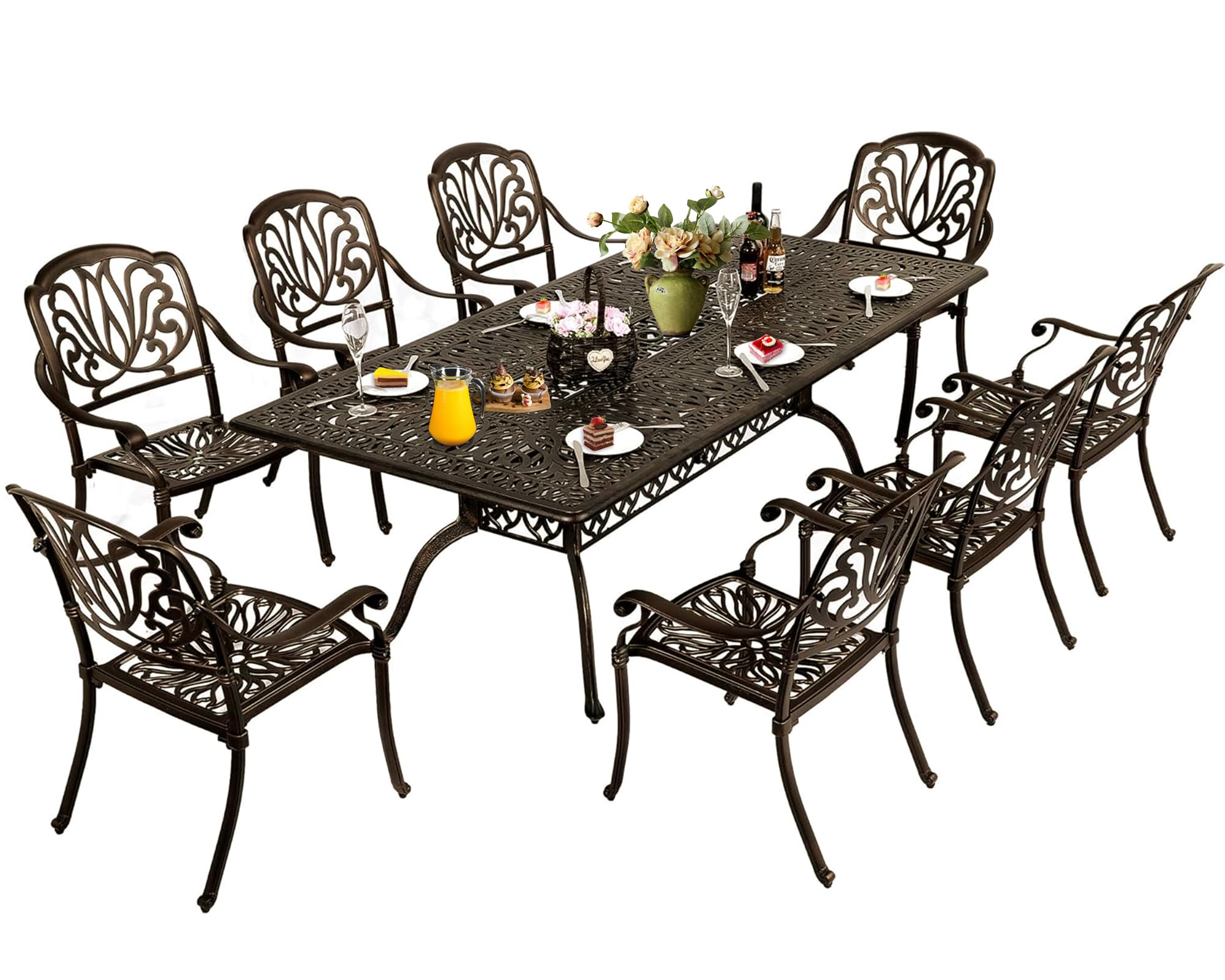 TITIMO 9-Piece Cast Aluminum Patio Furniture Set, Outdoor Dining Set Bistro Conversation Set, All-Weather Rectangular Dining Set with Umbrella Hole(8 Flower Pattern Chairs Without Cushions)