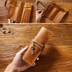 Acrecean Retro Genuine Leather Pencil Case, Rollup Pen, Pencil Pouch Wrap Foldable Tool, Pencil Storage Case for Adult Men & Women Office Work (Brown)