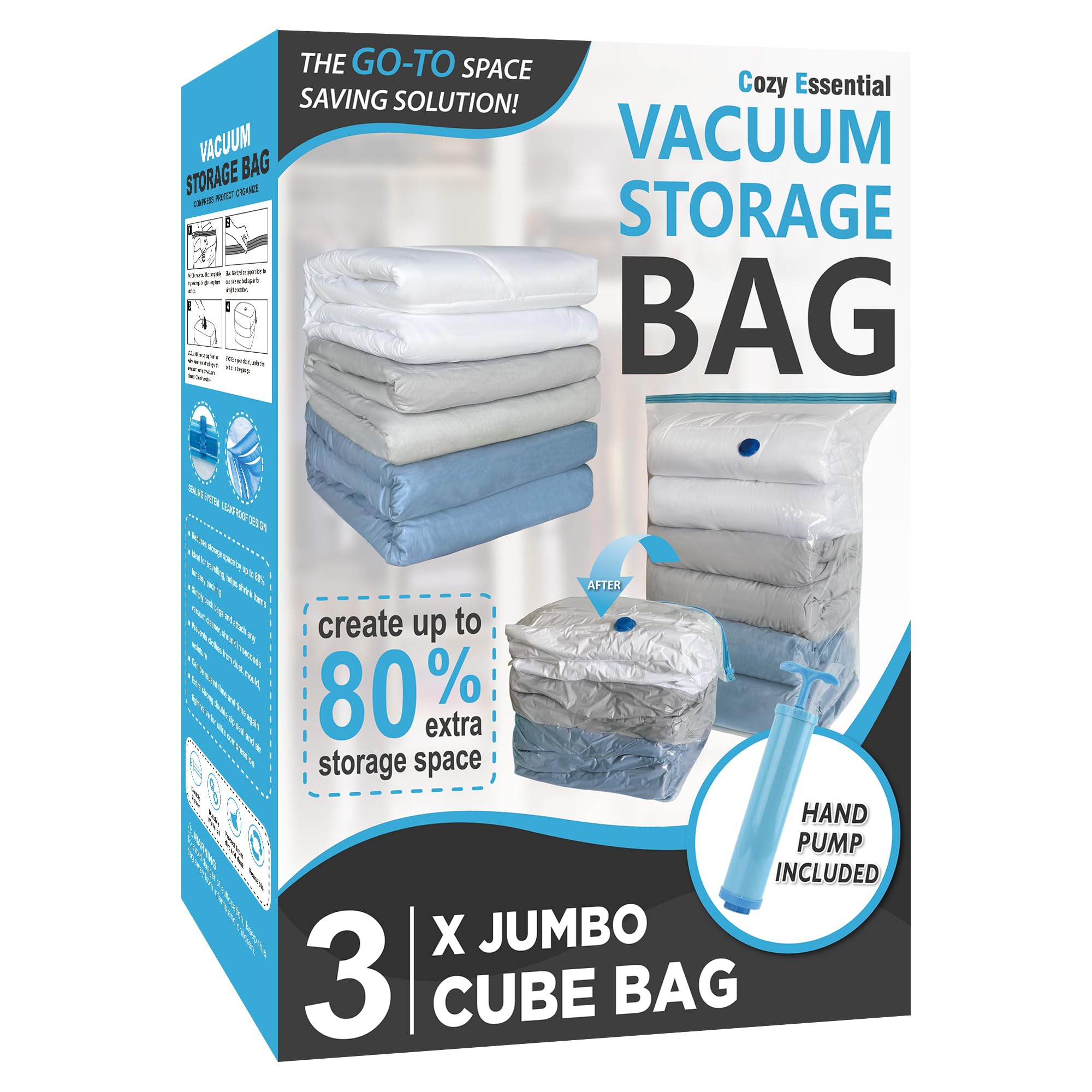 3 Pack Cube Vacuum Storage Bags, Jumbo Vacuum Cubes for Storage Vacuum Sealed, Extra Large Space Saver Vacuum Storage Bags for Bedding, Clothes, Comforters, Blanket, Duvets