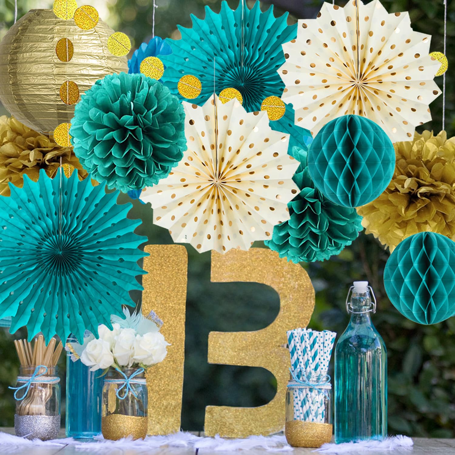 Teal Blue and Gold Party Decoration Tissue Pom Poms Flowers Teal Paper Fans Lanterns Gold Circle Dot Garland for Teal Gold Wedding Bridal Shower Engagement Women Birthday Turquoise Party Decorations