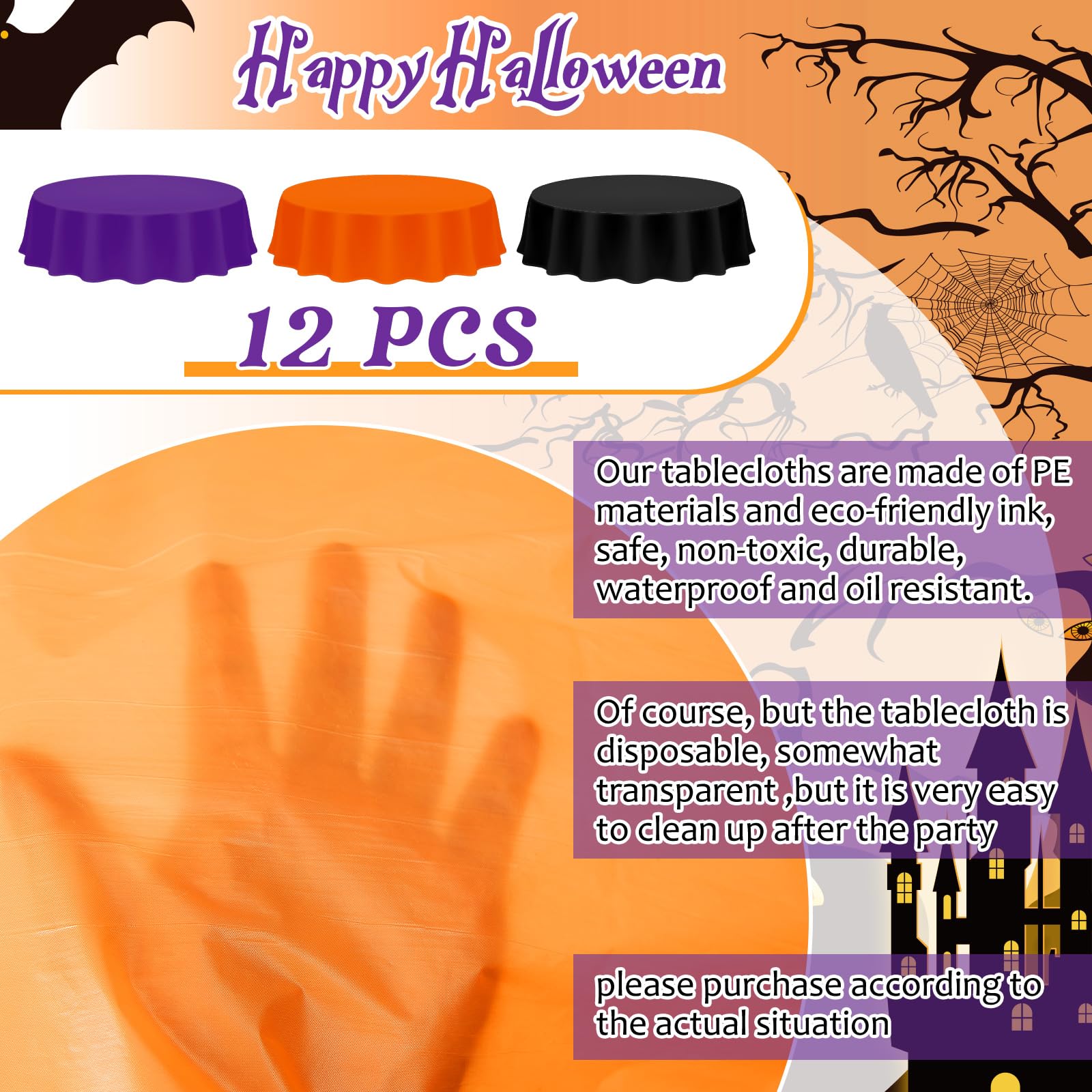 Amylove 12 Pcs 84 Inch Plastic Halloween Tablecloth Round Waterproof Disposable Orange Purple Table Cloth Tabletop Halloween Decorative Table Cover for Halloween Parties Decorations