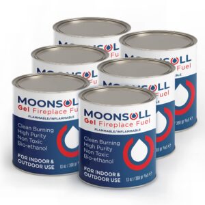 moonsoll gel fuel cans for fire bowl and fireplace (6 x 13oz) indoor/outdoor use fire pit tabletop, gel fuel cans for portable fire pit (6 pack 368gr)